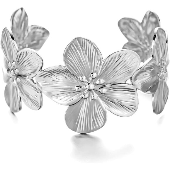 Vintage Flower Butterfly Chunky Cuff Bracelet - Gold or Silver Statement Jewelry - Picture 1 of 6